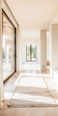 Empty designer modern living room filled with natural window lighting in a mix of warm and neutral colors. Real Estate interior design composition.