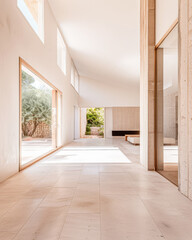 Obraz premium Empty designer modern living room filled with natural window lighting in a mix of warm and neutral colors. Real Estate interior design composition.