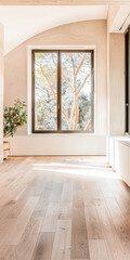 Fototapeta premium Empty designer modern living room filled with natural window lighting in a mix of warm and neutral colors. Real Estate interior design composition.