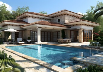 Fototapeta premium A luxurious villa with a pool and a beautiful garden