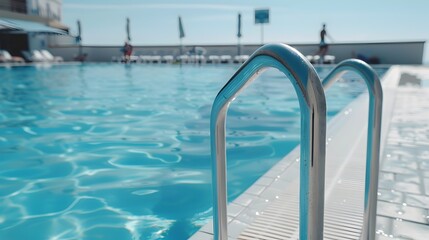 Tranquil Swimming Pool with Rippling Blue Water and Modern Steel Handrail at Tropical Resort