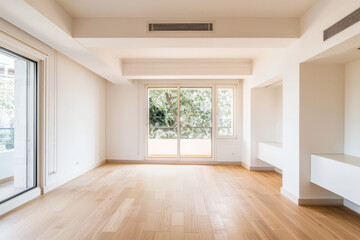 Obraz premium Empty designer modern living room filled with natural window lighting in a mix of warm and neutral colors. Real Estate interior design composition.