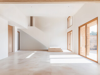 Obraz premium Empty designer modern living room filled with natural window lighting in a mix of warm and neutral colors. Real Estate interior design composition.