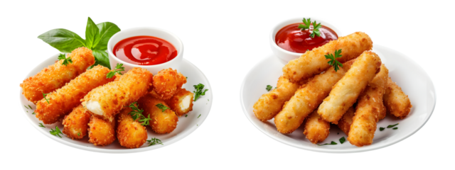 Fried mozzarella sticks with sauce in plate on transparent background