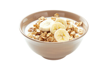 Cereal with milk served with bananas isolated on white background.