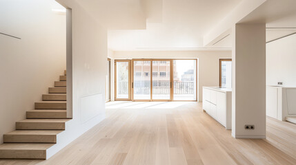 Obraz premium Empty designer modern living room filled with natural window lighting in a mix of warm and neutral colors. Real Estate interior design composition.