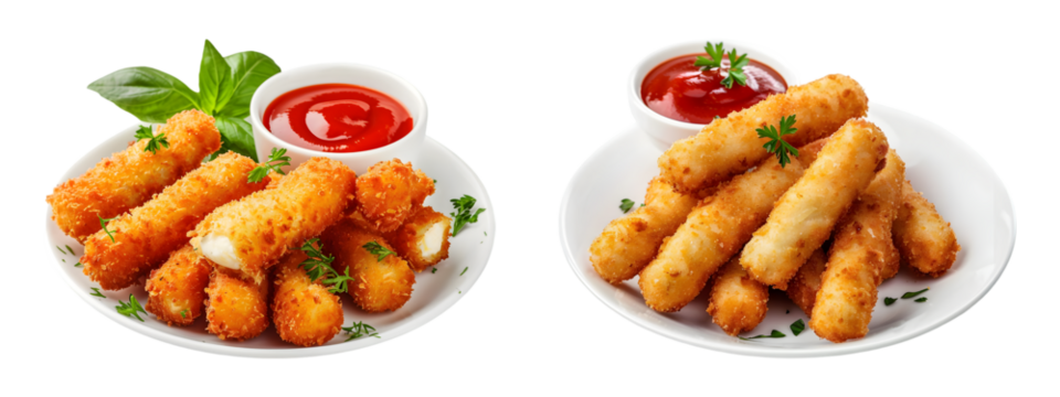 Fried mozzarella sticks with sauce in plate on transparent background