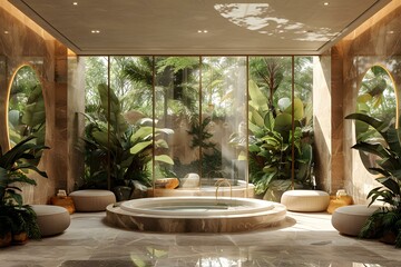 Fototapeta premium The round bathtub is placed in the center of the room. The room is full of green plants. The sunlight shines through the glass windows and into the room.