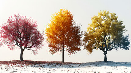 Colorful foliage on three trees, each displaying a unique hue of red, orange, or yellow, symbolizing the changing seasons.