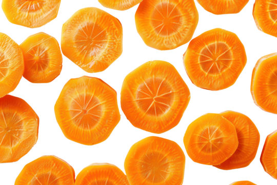Carrots cut into thin circles are bright orange and have a star-shaped cross section on a white background.