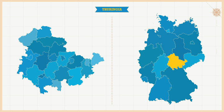 A Map highlighting Thuringia in the Germany Map, Thuringia and Germany modern map with Colorful Hi detailed Vector, geographical borders