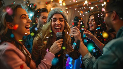 Obraz premium A lively New Year's Eve karaoke party with friends singing, cheering, and creating unforgettable memories.