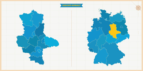 A Map highlighting Saxony-Anhalt in the Germany Map, Saxony-Anhalt and Germany modern map with Colorful Hi detailed Vector, geographical borders