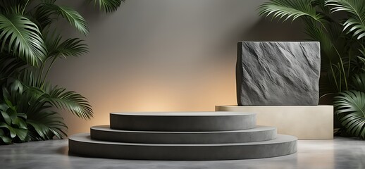 Podium exotic splay concrete Cosmetic 3D beauty dark Jungle Rock template trendy promotion Nature stone product pedestal mockup leaf palm background render Gray set podium dais