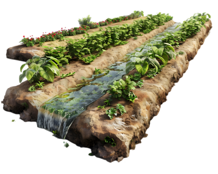 Supplying water to agricultural fields in Irrigation canal on transparent background