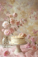 Naklejka premium Elegant Frosted Cake on Decorative Stand Against a Soft Background, Perfect for Birthdays, Weddings, and Special Celebrations