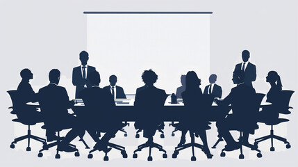 A group of business professionals in a meeting room, a narrator describe about the job and a display background, AI generative