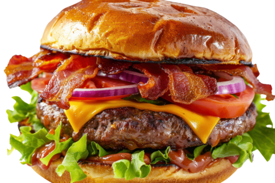 breakfast burger with a savory sausage patty, topped with a fried egg, American cheese, sandwiched between two buttermilk pancakes, isolated on a white background.