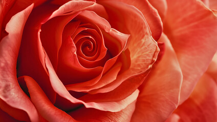Beautiful spiral petals of red rose flower close up, AI generative