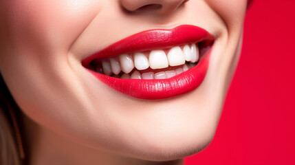 The perfect smile to show off cute dimple, white and clean teeth in red lips, AI generative