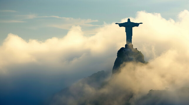 The christ of redeemer stnading in thic fog in Brazil, AI generative