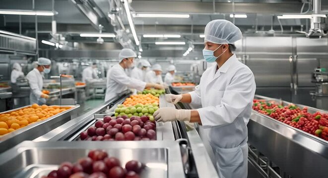 Modern food processing factory with conveyor belt and quality control