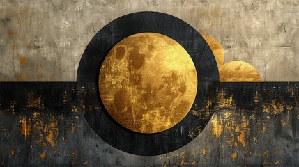 Bold geometric shapes in black and gold form a striking contrast against a neutral background, creating a visually captivating composition. Abstract Backgrounds Illustration, Minimalism,