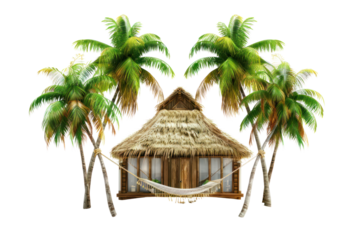 A tropical beach house with a thatched roof and a hammock strung between palm trees, isolated on white background.