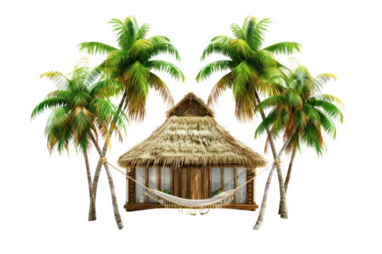 A tropical beach house with a thatched roof and a hammock strung between palm trees, isolated on white background.