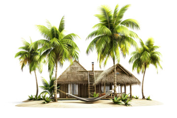 Fototapeta premium A tropical beach house with a thatched roof and a hammock strung between palm trees, isolated on white background.