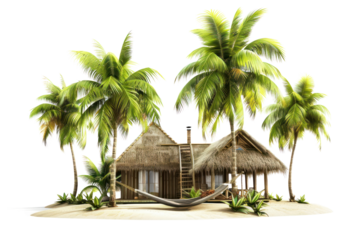 A tropical beach house with a thatched roof and a hammock strung between palm trees, isolated on white background.