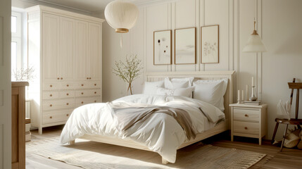 Cozy bedroom with white and beige wood furniture, minimalist design,