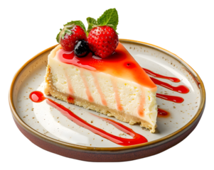 Peace of cheesecake in plate on transparent background