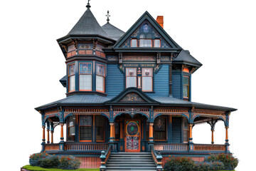 A charming Victorian townhouse with a wraparound porch and stained glass windows, isolated on white background.