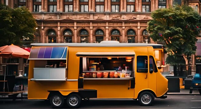 A street food truck parked on a city street. Modern business concept