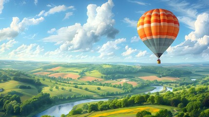 Fototapeta premium Hot Air Balloon Soaring Over Lush Green Valley