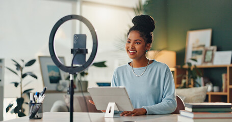 Woman, influencer and house with smartphone for social media or online vlog and live streaming. Girl, content creator and podcast as university student for educational talk and motivation for gen z