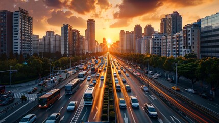 Obraz premium A panoramic view of a cityscape features electric vans navigating through traffic, showcasing the implementation of green logistics in urban delivery services. The vehicles, equipped with