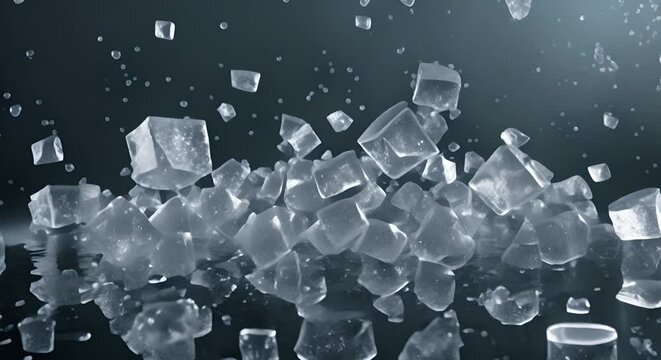 Ice cubes falling in water with bubbles on a dark background
