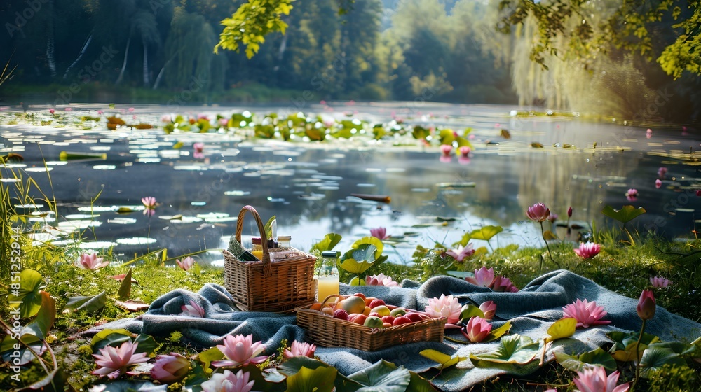 Poster Picnic in a meadow by a lake picture