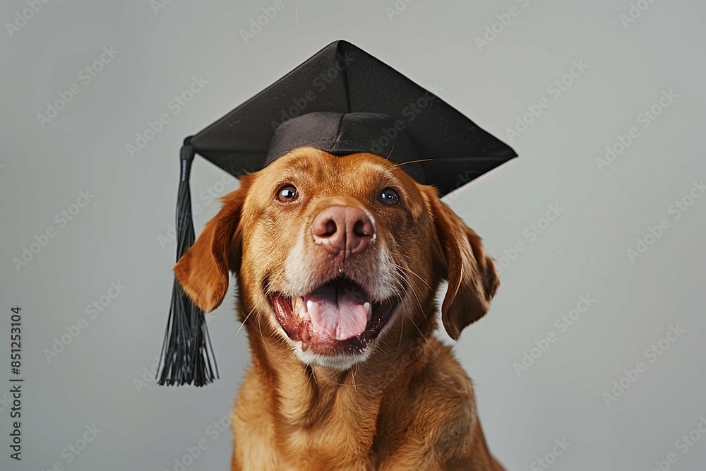 Wall mural Cute golden dog graduating training in graduation hat banner - Wall murals