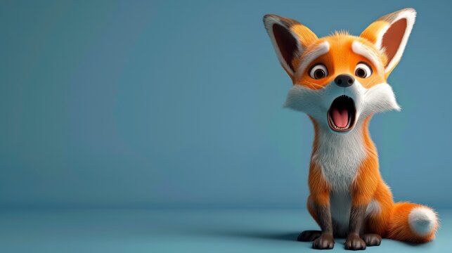 3D animated cartoon fox with surprised face and fun on a blue background