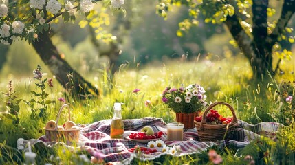 Picnic in a sunny meadow blankets baskets picture