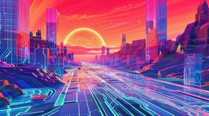 A vast, abstract circuit board landscape, pulses of energy flowing along pathways, with imposing firewall structures in the distance, vaporwave