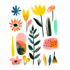 Fototapeta premium Floral bouquet with tulips, leaves, and yellow blossoms in nature-inspired hand painting illustration