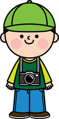 Photographer illustration of a cute child wearing a green shirt and cap and jeans, standing and smiling.