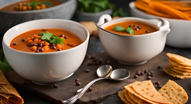 Serving delicious sweet potato and lentil and vegan tortilla soup on the kitchen table
