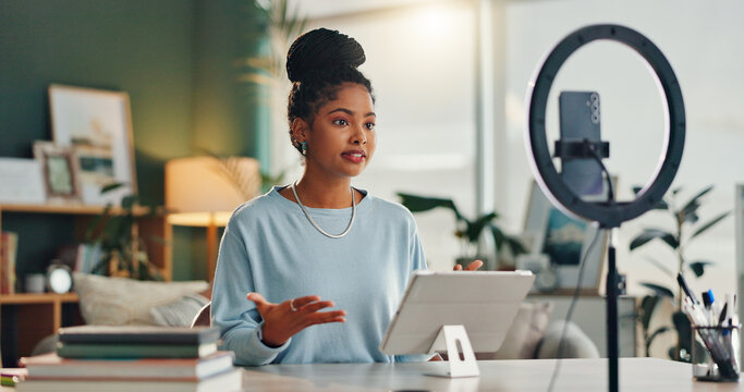 Woman, influencer and home with smartphone for social media or online vlog and live streaming. Female person, content creator and podcast as university student for educational talk and motivation - Powered by Adobe