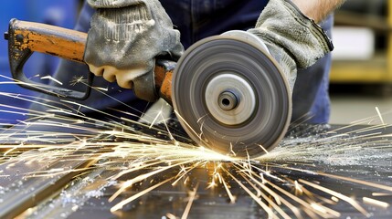 Closeup of dedicated industrial worker skillfully using angle grinder cutting metal, sparks flying, in a dynamic workshop environment, high-resolution image capturing action and motion