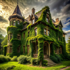Fototapeta premium A large, abandoned mansion surrounded by overgrown greenery